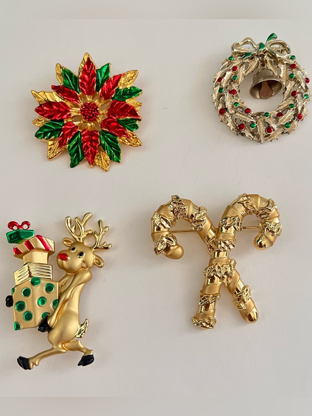 Vintage Christmas Brooch Lot of 4 Pins Reindeer Poinsettia Wreath Candy Cane